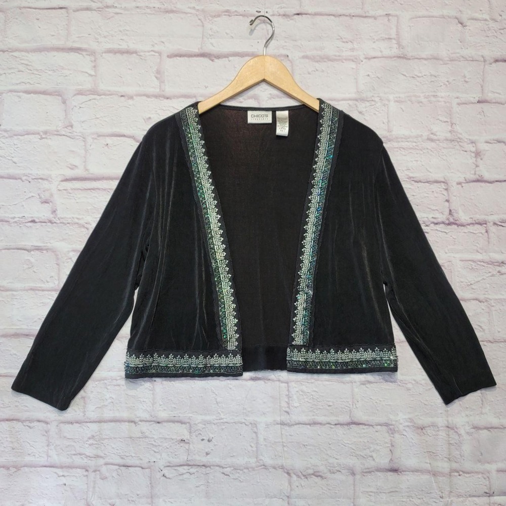Chicos Travelers Jacket Womens‎ Medium Black Open Front Sequin Embroidered Party
